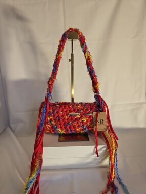 Hand Crafted Multicolor Crochet Shoulder Bag - Red, Blue & Yellow
